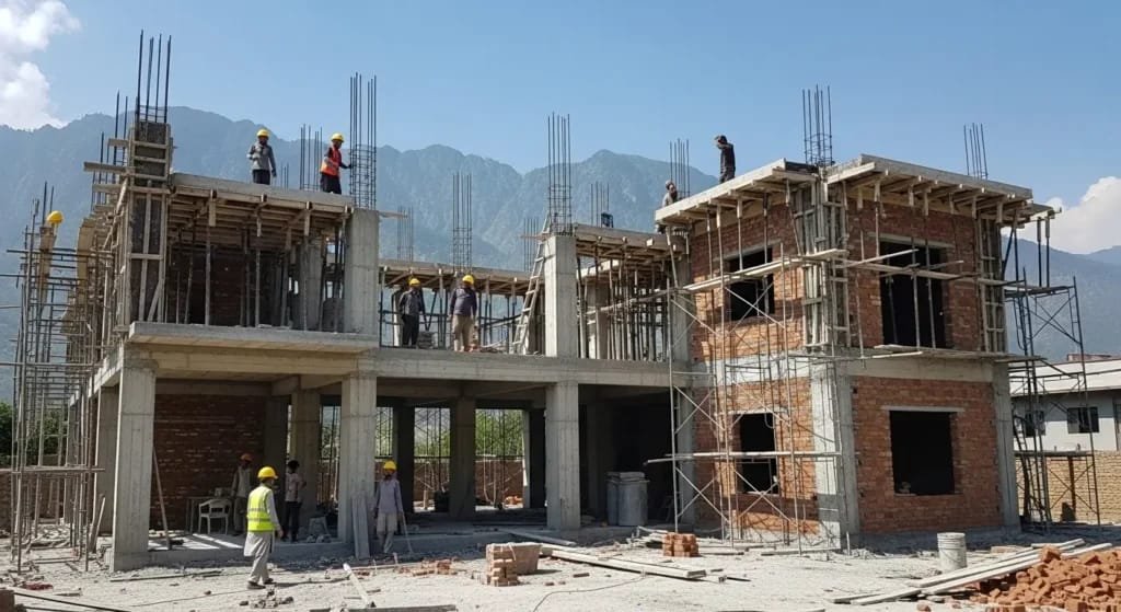 Large-scale building construction site with workers, Rawalpindi